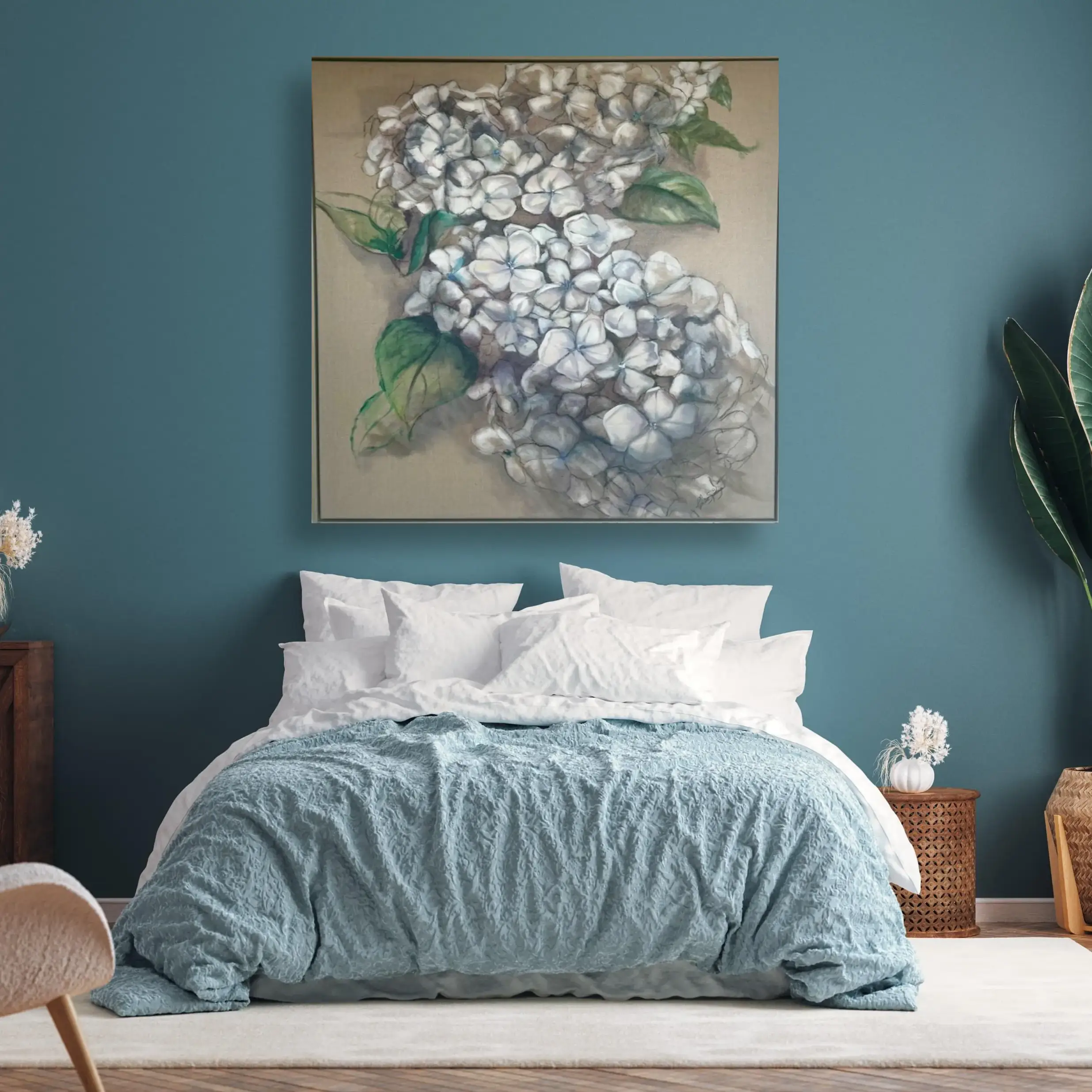 White Hydrangea on Bedroom blue.webp