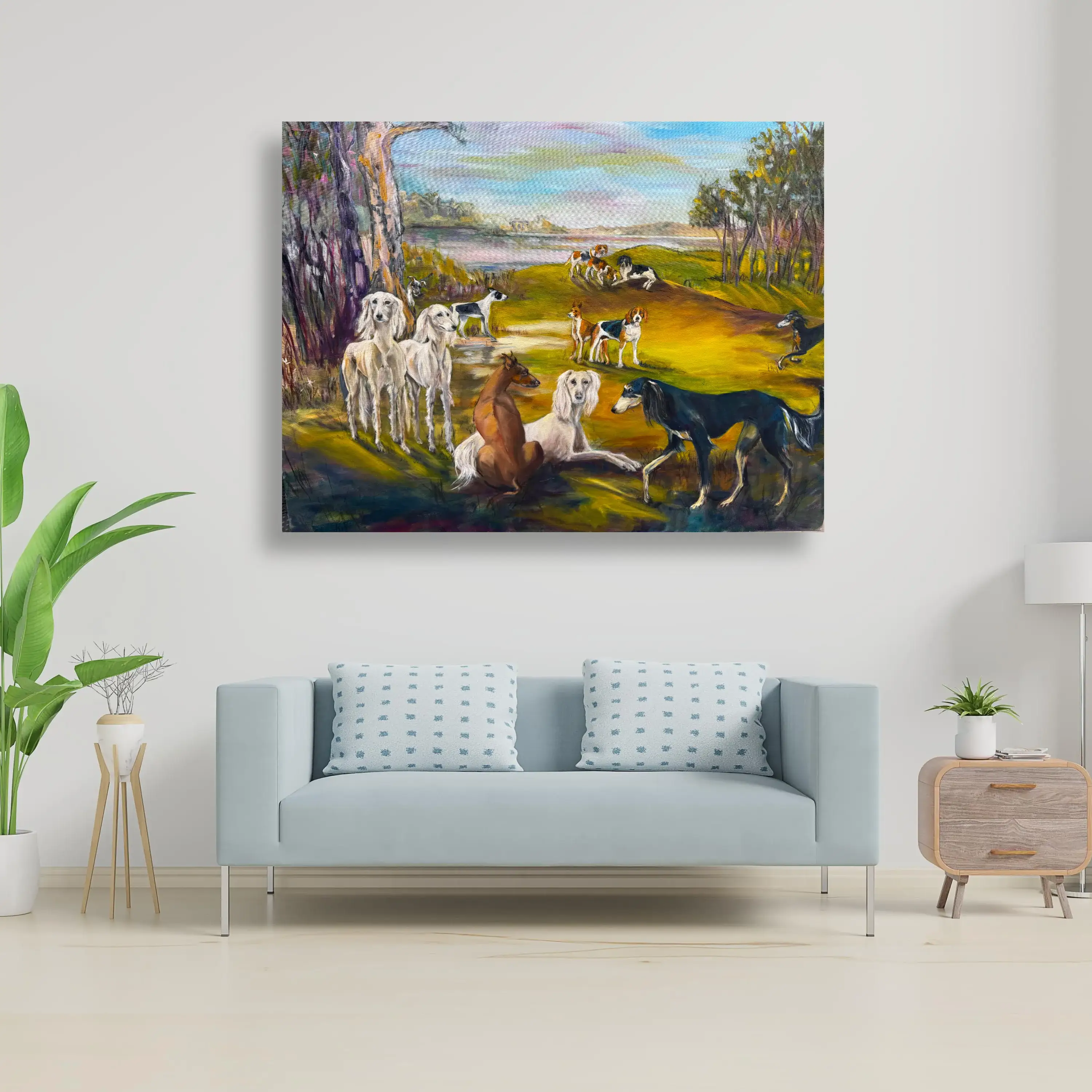 To Hounds on light blue lounge.webp